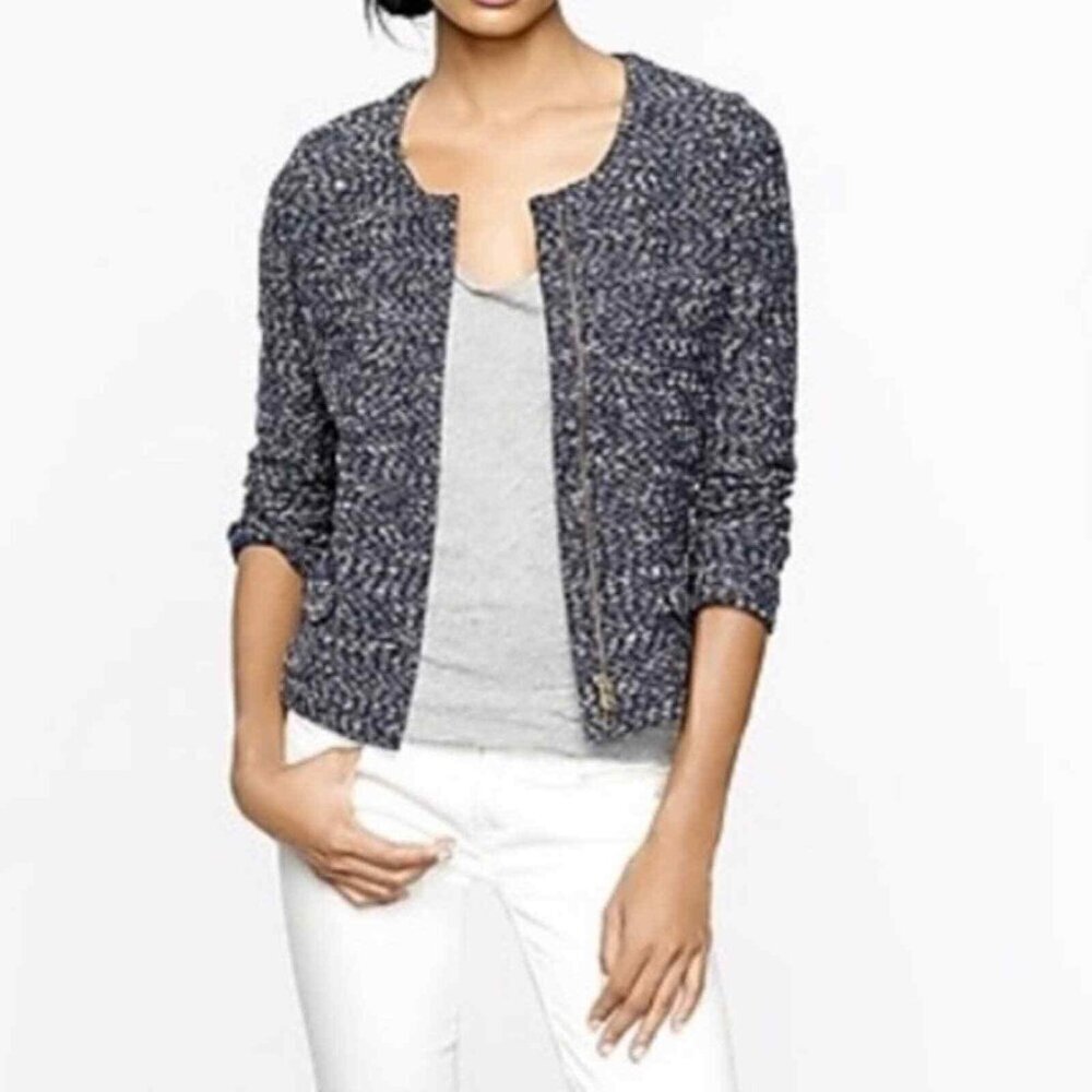 J. Crew Womens Navy Blue White Tweed Boucle Peplum Blazer Jacket Size Small - Picture 4 of 11